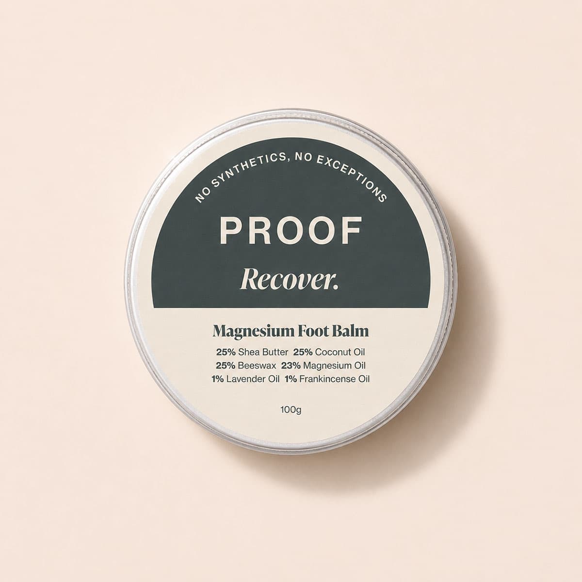PROOF Recover magnesium foot balm tin lid, with every ingredient and its percentage printed on the front of the pack.